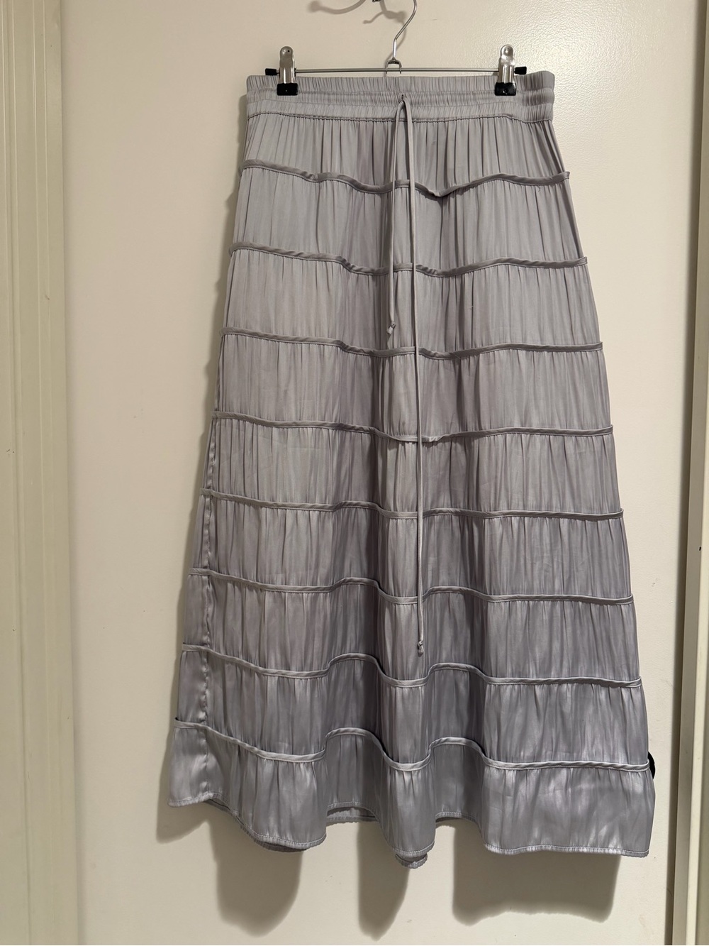 Women's Light Gray Tiered Maxi Skirt with Drawstring Waist